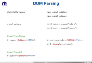 DOM Parsing
49
pip install pyquery
import pyquery
# Load From String
d = pyquery.PyQuery(<HTML>)
# Load From Url
d = pyquery.PyQuery(url=<Url>)
npm install -g jsdom
npm install -g jquery
const jsdom = require("jsdom");
const jquery = require("jquery");
let inst = new jsdom.JSDOM(<HTML>);
let $ = jquery(inst.window);
 