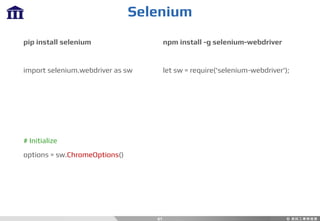 Selenium
61
pip install selenium
import selenium.webdriver as sw
# Initialize
options = sw.ChromeOptions()
npm install -g selenium-webdriver
let sw = require('selenium-webdriver');
 