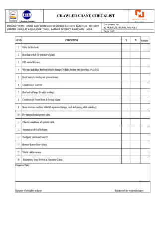 CRAWLER CRANE CHECKLIST
PRODUCT WARE HOUSE AND WORKSHOP (PACKAGE-14) HPCL RAJASTHAN REFINERY
LIMITED (HRRL) AT PACHPADRA TEHSIL, BARMER DISTRICT, RAJASTHAN, INDIA
Document No:
B224/MCL/1220/HSE/HSEP/R1
Page 1 of 1
 