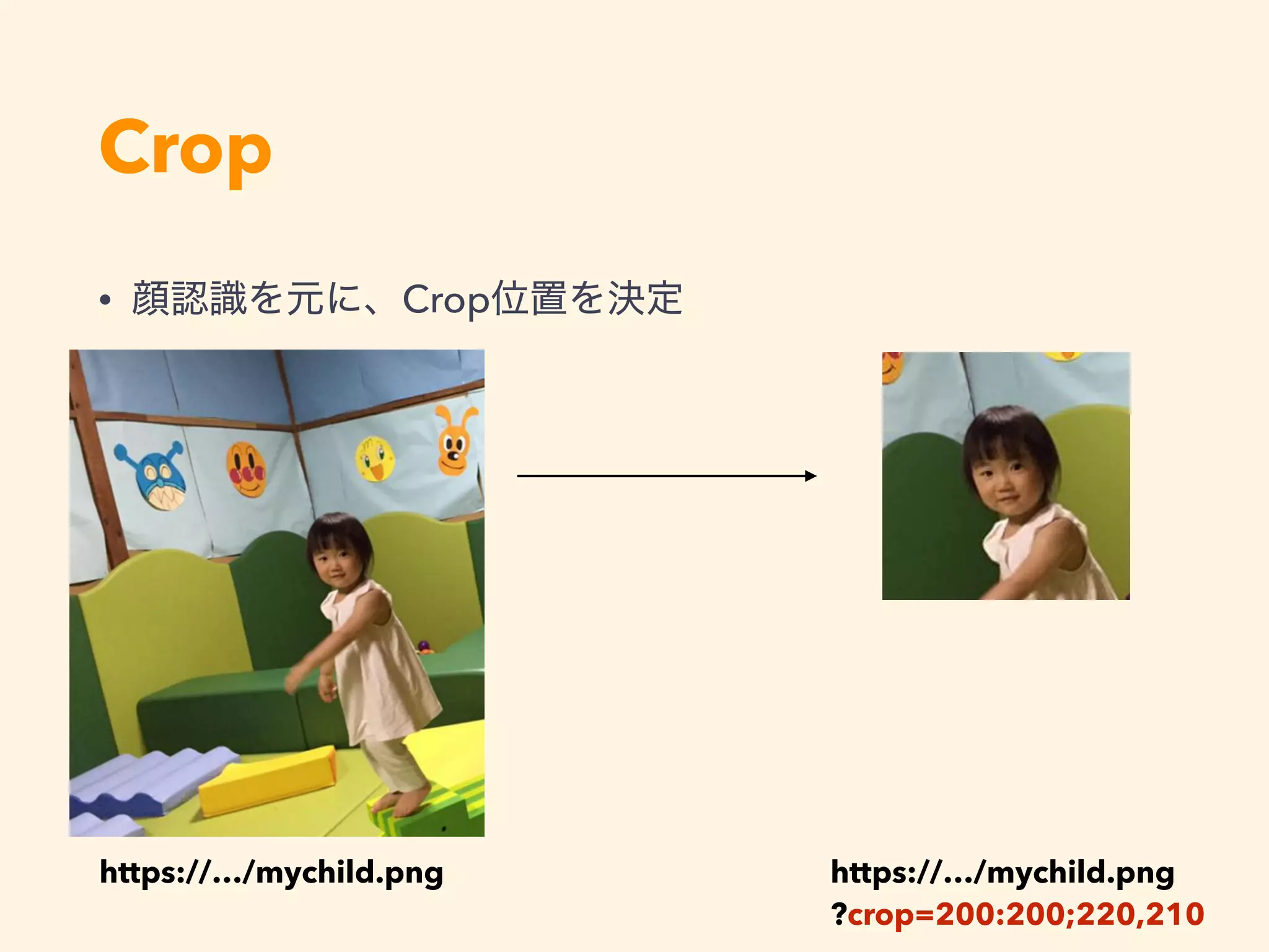 Crop
https://…/mychild.png  https://…/mychild.png 
?crop=200:200;220,210
• Crop
 