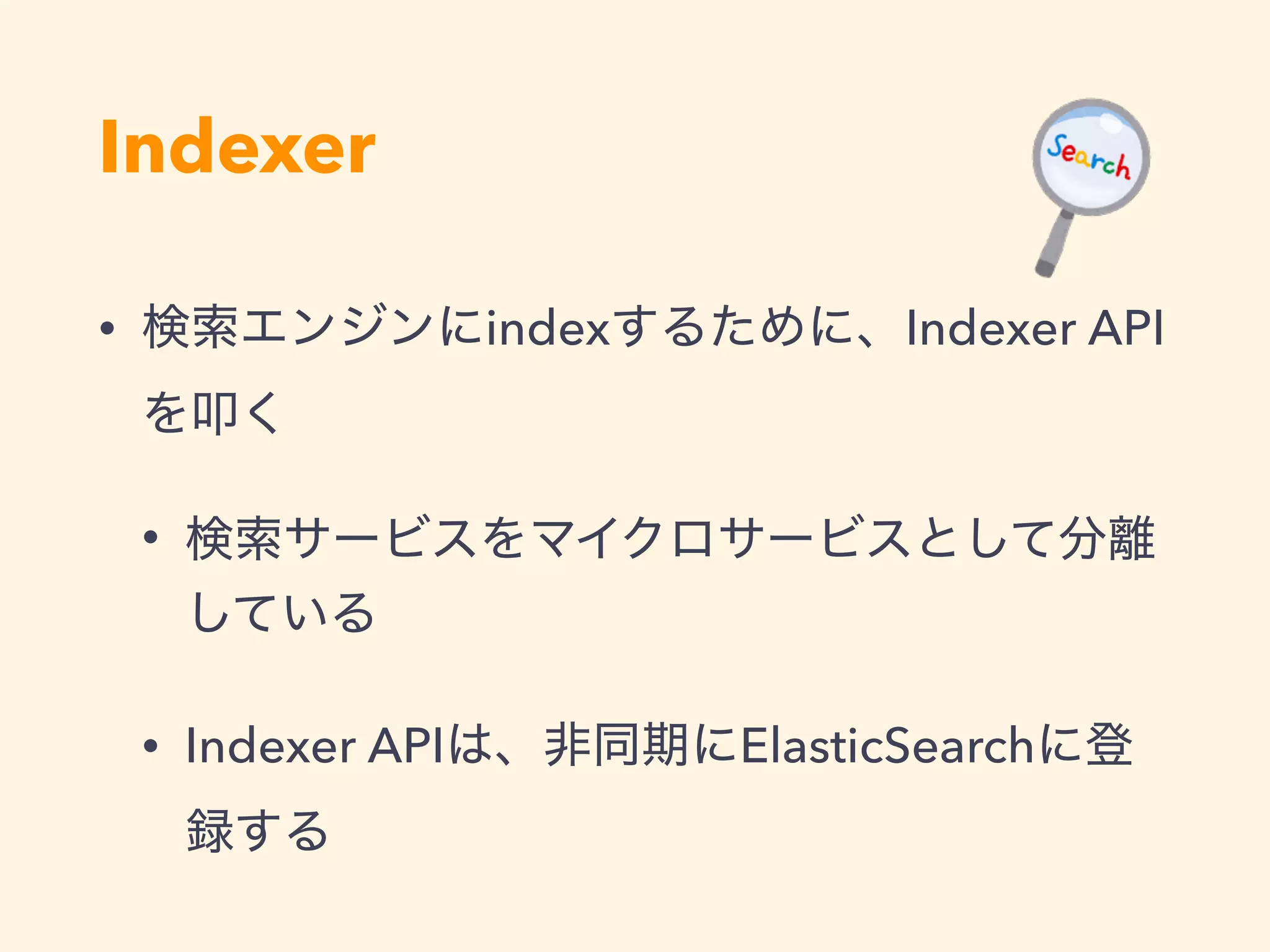 Indexer
• index Indexer API
•
• Indexer API ElasticSearch
 