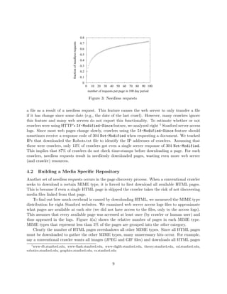 0.8




                             fraction of needless requests
                                                             0.7
                                                             0.6
                                                             0.5
                                                             0.4
                                                             0.3
                                                             0.2
                                                             0.1
                                                              0
                                                                   0     10 20 30 40 50 60 70 80 90 100
                                                                       number of requests per page in 100 day period

                                                                       Figure 3: Needless requests


a ﬁle as a result of a needless request. This feature causes the web server to only transfer a ﬁle
if it has change since some date (e.g., the date of the last crawl). However, many crawlers ignore
this feature and many web servers do not export this functionality. To estimate whether or not
crawlers were using HTTP’s If-Modified-Since feature, we analyzed eight 1 Stanford server access
logs. Since most web pages change slowly, crawlers using the If-Modified-Since feature should
sometimes receive a response code of 304 Not-Modified when requesting a document. We tracked
IPs that downloaded the Robots.txt ﬁle to identify the IP addresses of crawlers. Assuming that
these were crawlers, only 13% of crawlers got even a single server response of 304 Not-Modified.
This implies that 87% of crawlers do not check time-stamps before downloading a page. For such
crawlers, needless requests result in needlessly downloaded pages, wasting even more web server
(and crawler) resources.

4.2    Building a Media Speciﬁc Repository
Another set of needless requests occurs in the page discovery process. When a conventional crawler
seeks to download a certain MIME type, it is forced to ﬁrst download all available HTML pages.
This is because if even a single HTML page is skipped the crawler takes the risk of not discovering
media ﬁles linked from that page.
    To ﬁnd out how much overhead is caused by downloading HTML, we measured the MIME type
distribution for eight Stanford websites. We examined web server access logs ﬁles to approximate
what pages are available at each site (we did not have access to the ﬁles, only to the access logs).
This assumes that every available page was accessed at least once (by crawler or human user) and
thus appeared in the logs. Figure 4(a) shows the relative number of pages in each MIME type.
MIME types that represent less than 5% of the pages are grouped into the other category.
    Clearly the number of HTML pages overshadows all other MIME types. Since all HTML pages
must be downloaded to gather the other MIME types, many unnecessary hits occur. For example,
say a conventional crawler wants all images (JPEG and GIF ﬁles) and downloads all HTML pages
  1
    www-db.stanford.edu, www-ﬂash.stanford.edu, www-diglib.stanford.edu, theory.stanford.edu, csl.stanford.edu,
robotics.stanford.edu, graphics.stanford.edu, cs.stanford.edu



                                                                                         9
 