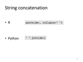 String concatenation
28
• R
• Python
paste(abc, collapse=‘ ‘)
‘ ‘.join(abc)
 