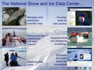 The National Snow and Ice Data Center…
Provides
tools for
data access
Researches the
cryosphere
and data
science
Educates
the public
about the
cryosphere
Supports data
users
Manages and
distributes
scientific data
Supports local
and traditional
knowledge
 