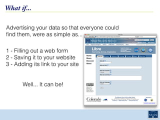 Preparing Data for Ingest, presented 10/27/09 by R. Duerr
LID590DCL Foundations of Data Curation
What if...
Advertising your data so that everyone could
find them, were as simple as...
1 - Filling out a web form
2 - Saving it to your website
3 - Adding its link to your site
Well... It can be!
 