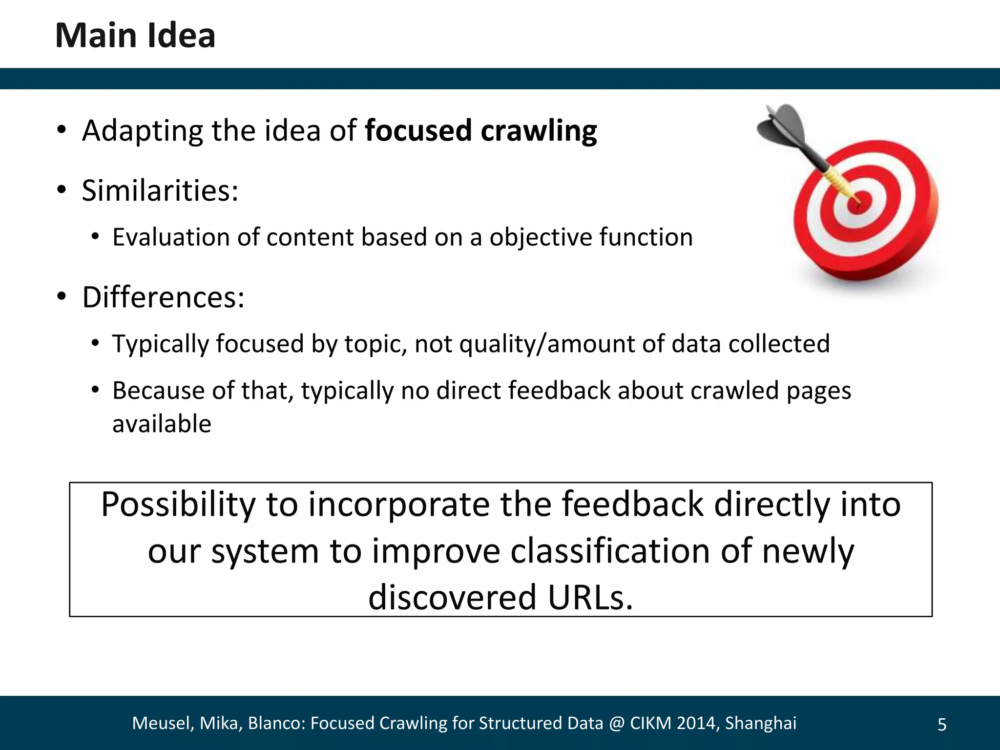 5 
Main Idea 
• Adapting the idea of focused crawling 
• Similarities: 
• Evaluation of content based on a objective function 
• Differences: 
• Typically focused by topic, not quality/amount of data collected 
• Because of that, typically no direct feedback about crawled pages 
available 
Possibility to incorporate the feedback directly into 
our system to improve classification of newly 
discovered URLs. 
Meusel, Mika, Blanco: Focused Crawling for Structured Data @ CIKM 2014, Shanghai 
 