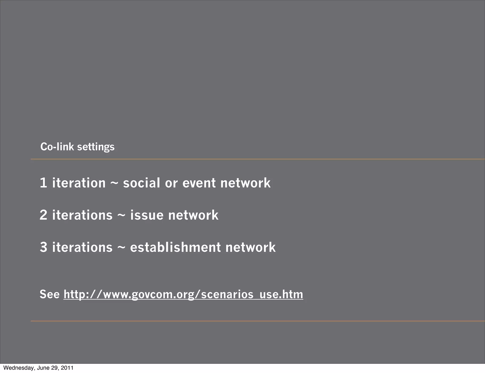 Co-link settings


            1 iteration ~ social or event network

            2 iterations ~ issue network

            3 iterations ~ establishment network


            See http://www.govcom.org/scenarios_use.htm




Wednesday, June 29, 2011
 