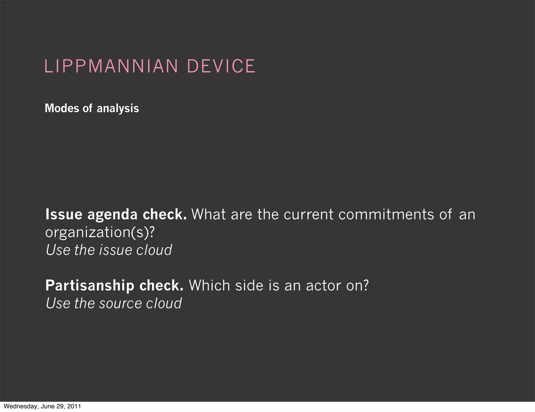 LIPPMANNIAN DEVICE

            Modes of analysis




            Issue agenda check. What are the current commitments of an
            organization(s)?
            Use the issue cloud

            Partisanship check. Which side is an actor on?
            Use the source cloud




Wednesday, June 29, 2011
 