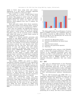 Published at the 2006 Cray User Group Meeting, Lugano, Switzerland.
- 13 -
which is better done using sines and cosines.
Application of a fast fourier transporm algorithm
converts the problem to a frequency space.
This results in a dense, complex-valued linear
system A*x=b, where A in Cnxn, x, b in Cn, that must
be solved. This system is solved using the publicly
available ScaLAPACK library; in particular routines
pzgetrf factors the matrix into upper and lower
matrices, which pzgetrs then uses to compute the
solution vector.
Each grid point creates three linear equations,
less the point outside of the physical region, so for an
M×N grid, the linear system is of dimension 3*M*N –
(~30%). Thus, for example, the 256×256 grid creates a
linear system of dimension 124,587 and the 370×370
grid creates a linear system of dimension 260,226.
Immediate plans call for executing across a 500×500
grid, which will result in a dense linear system of
dimension approaching 500,000.
AORSA is a Fortran parallel processing code
developed at Oak Ridge National Laboratory. Code
development can be traced back to the 1970’s, and thus
includes the Fortran definitions and conventions as
they were then defined. As the Fortran standard and
conventions evolved, the new features were often
incorporated into the code base. Thus fixed source,
Fortran 77 style code shares space with modern
Fortran constructs. In particular, some routines are
defined within MODULES, ALLOCATE is used to
dynamically manage memory, and KIND adds
flexibility for data typing. A modern build system
manages ports to several high performance computing
platforms, The code base consists of approximately
28,000 lines of executable instructions, 5,500 data
declarations, and 8,000 comment lines, contained in
around 45 files.
Last summer AORSA was ported to Jaguar,
immediately allowing researchers to run experiments
at grid resolutions previously unavailable. Up to this
point, the finest resolution was 200×200, requiring one
hour on 2000 processors on the IBM Power3 Seaborg
computer at NERSC. The first large problem run on
Jaguar increased the resolution to 256×256, with a
runtime of 44.42 minutes on 1024 processors, 27.1
minutes on 2048 processors, and 23.28 on 3072
processors, providing the most detailed simulations
ever done of plasma control waves in a tokamak.
Since then experiments using even finer
resolutions have been run. For example, preliminary
calculations using 4096 processors have allowed the
first simulations of mode conversion in ITER. Mode
conversion from the fast wave to the ion cylcotron
wave (ICW) has been identified in ITER using
mixtures of deuterium, tritium and helium3 at 53
MHz.
The above graph shows the performance of various
phases of AORSA execution of a simplified version of
this problem executed on 4096 processors. The blue
bars are timings for the 360×360 grid, the red for the
370×370 grid. The phases are
1) Calculate the Maxwellian matrix.
2) Generate and distribute the dense linear
system.
3) Solve the linear system.
4) Calculate the quasi-linear operator.
5) Total time.
The ScaLAPACK solver achieves 10.56 TFLOPS,
which is about 53% of peak performance. This is in
contrast to the LINPACK benchmark result that
achieves over 80% of peak performance. We are told
that Cray is working on improving the performance of
the routines used in AORSA. Further, we are
exploring alternative approaches that may reduce
runtme.
5.7 VH1
VH-1 uses an implementation of the Piecewise
Parabolic Method to solve the equations of ideal
inviscid compressible fluid flow. It is the primary
workhorse for pure hydrodynamics studies undertaken
by the SciDAC Terascale Supernova Initiative (TSI),
and it also represents an important kernel for several
of TSI’s multi-dimensional radiation hydrodynamics
codes.
Like the ASC benchmark code sPPM, VH-1 is a
Lagrangian implementation of PPM and makes use of
an Eulerian remap step (However, in contrast to
sPPM, the implementation in VH-1 is complete,
allowing for the modeling of highly compressible flow
like that found in stellar environments). The code uses
directional splitting in sweeping through the mesh in
the X, Y, and Z directions during each timestep. The
current version of the code performs the X and Y
sweeps with data in place, then performs a data
transpose with a single MPI_ALLTOALL before
performing the Z sweep. The data is then transposed
 