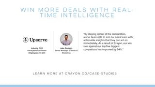 Win More Deals With Real-
Time Intelligence
“By staying on top of the competitors,
we’ve been able to arm our sales team with
actionable insights that they can act on
immediately. As a result of Crayon, our win
rate against our top five biggest
competitors has improved by 54%.”
Jake Godgart
Senior Manager of Product
Marketing
Industry: POS
management/software
Employees: 51-200
Learn more at crayon.co/case-studies
 