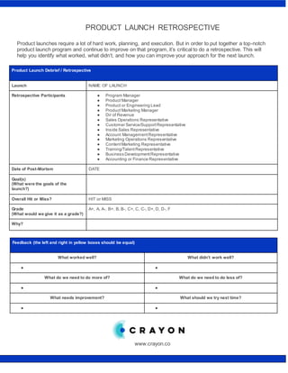 PRODUCT LAUNCH RETROSPECTIVE
Product launches require a lot of hard work, planning, and execution. But in order to put together a top-notch
product launch program and continue to improve on that program, it’s critical to do a retrospective. This will
help you identify what worked, what didn’t, and how you can improve your approach for the next launch.
Product Launch Debrief / Retrospective
Launch NAME OF LAUNCH
Retrospective Participants ● Program Manager
● Product Manager
● Product or Engineering Lead
● Product Marketing Manager
● Dir of Revenue
● Sales Operations Representative
● Customer Service/SupportRepresentative
● Inside Sales Representative
● Account ManagementRepresentative
● Marketing Operations Representative
● ContentMarketing Representative
● Training/TalentRepresentative
● Business DevelopmentRepresentative
● Accounting or Finance Representative
Date of Post-Mortem DATE
Goal(s)
(What were the goals of the
launch?)
Overall Hit or Miss? HIT or MISS
Grade
(What would we give it as a grade?)
A+, A, A-, B+, B, B-, C+, C, C-, D+, D, D-, F
Why?
Feedback (the left and right in yellow boxes should be equal)
What worked well? What didn’t work well?
● ●
What do we need to do more of? What do we need to do less of?
● ●
What needs improvement? What should we try next time?
● ●
www.crayon.co
 