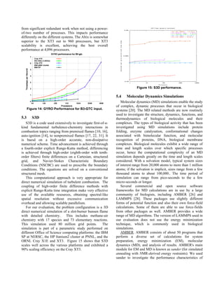 from significant redundant work when not using a power-
of-two number of processes. This impacts performance
differently on the different systems. The Altix is somewhat
superior to the XT3 out to 960 processors, but XT3
scalability is excellent, achieving the best overall
performance at 4,096 processors.
Figure 14: GYRO Performance for B3-GTC input.
5.3 S3D
S3D is a code used extensively to investigate first-of-a-
kind fundamental turbulence-chemistry interactions in
combustion topics ranging from premixed flames [10, 16],
auto-ignition [14], to nonpremixed flames [17, 22, 31]. It
is baesd on a high-order accurate, non-dissipative
numerical scheme. Time advancement is achieved through
a fourth-order explicit Runge-Kutta method, differencing
is achieved through high-order (eighth-order with tenth-
order filters) finite differences on a Cartesian, structured
grid, and Navier-Stokes Characteristic Boundary
Conditions (NSCBC) are used to prescribe the boundary
conditions. The equations are solved on a conventional
structured mesh.
This computational approach is very appropriate for
direct numerical simulation of turbulent combustion. The
coupling of high-order finite difference methods with
explicit Runge-Kutta time integration make very effective
use of the available resources, obtaining spectral-like
spatial resolution without excessive communication
overhead and allowing scalable parallelism.
For our evaluation, the problem configuration is a 3D
direct numerical simulation of a slot-burner bunsen flame
with detailed chemistry. This includes methane-air
chemistry with 17 species and 73 elementary reactions.
This simulation used 80 million grid points. The
simulation is part of a parametric study performed on
different Office of Science computing platforms: the IBM
SP at NERSC, the HP Itanium2 cluster at PNNL, and the
ORNL Cray X1E and XT3. Figure 15 shows that S3D
scales well across the various platforms and exhibited a
90% scaling efficiency on the Cray XT3.
Figure 15: S3D performance.
5.4 Molecular Dynamics Simulations
Molecular dynamics (MD) simulations enable the study
of complex, dynamic processes that occur in biological
systems [20]. The MD related methods are now routinely
used to investigate the structure, dynamics, functions, and
thermodynamics of biological molecules and their
complexes. The types of biological activity that has been
investigated using MD simulations include protein
folding, enzyme catalysation, conformational changes
associated with bimolecular function, and molecular
recognition of proteins, DNA, biological membrane
complexes. Biological molecules exhibit a wide range of
time and length scales over which specific processes
occur, hence the computational complexity of an MD
simulation depends greatly on the time and length scales
considered. With a solvation model, typical system sizes
of interest range from 20,000 atoms to more than 1 million
atoms; if the solvation is implicit, sizes range from a few
thousand atoms to about 100,000.. The time period of
simulation can range from pico-seconds to the a few
micro-seconds or longer.
Several commercial and open source software
frameworks for MD calculations are in use by a large
community of biologists, including AMBER [26] and
LAMMPS [28]. These packages use slightly different
forms of potential function and also their own force-field
calculations. Some of them are able to use force-fields
from other packages as well. AMBER provides a wide
range of MD algorithms. The version of LAMMPS used in
our evaluation does not use the energy minimization
technique, which is commonly used in biological
simulations.
AMBER. AMBER consists of about 50 programs that
perform a diverse set of calculations for system
preparation, energy minimization (EM), molecular
dynamics (MD), and analysis of results. AMBER's main
module for EM and MD is known as sander (for simulated
annealing with NMR-derived energy restraints). We used
sander to investigate the performance characteristics of
 
