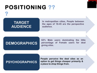 POSITIONING ??
?
          In metropolitan cities, People between
          the ages of 18-45 are the perspective
          audience.




          62% Male users dominating the little
          percentage of Female users for deal
          giving sites.




         People perceive the deal sites as an
         option to get things cheaper primarily &
         a place to shop things from.
 