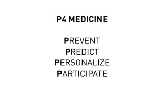 P4 MEDICINE
PREVENT
PREDICT
PERSONALIZE
PARTICIPATE
 
