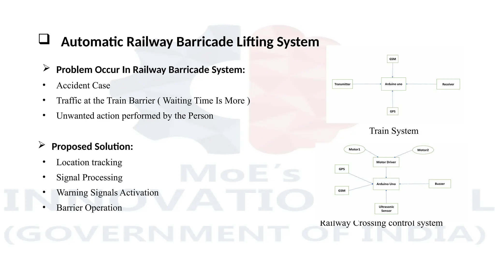  Automatic Railway Barricade Lifting System
 Problem Occur In Railway Barricade System:
• Accident Case
• Traffic at the Train Barrier ( Waiting Time Is More )
• Unwanted action performed by the Person
Train System
 Proposed Solution:
• Location tracking
• Signal Processing
• Warning Signals Activation
• Barrier Operation
Railway Crossing control system
 