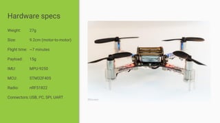 Hardware specs
Weight: 27g
Size: 9.2cm (motor-to-motor)
Flight time: ~7 minutes
Payload: 15g
IMU: MPU-9250
MCU: STM32F405
...