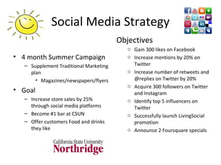 Social Media Strategy
                                        Objectives
                                           o Gain 300 likes on Facebook
• 4 month Summer Campaign                  o Increase mentions by 20% on
   – Supplement Traditional Marketing        Twitter
     plan                                  o Increase number of retweets and
       • Magazines/newspapers/flyers         @replies on Twitter by 20%
                                           o Acquire 300 followers on Twitter
• Goal                                       and Instagram
   – Increase store sales by 25%           o Identify top 5 influencers on
     through social media platforms          Twitter
   – Become #1 bar at CSUN                 o Successfully launch LivingSocial
   – Offer customers Food and drinks         promotion
     they like                             o Announce 2 Foursquare specials
 