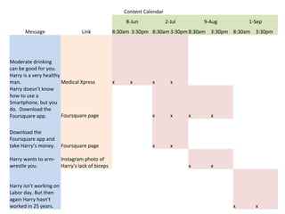 Content Calendar
                                                      8-Jun              2-Jul       9-Aug       1-Sep
      Message                     Link            8:30am 3:30pm 8:30am 3:30pm 8:30am 3:30pm 8:30am 3:30pm




Moderate drinking
can be good for you.
Harry is a very healthy
man.                    Medical Xpress            x     x        x         x
Harry doesn’t know
how to use a
Smartphone, but you
do. Download the
Foursquare app.         Foursquare page                          x         x     x     x


Download the
Foursquare app and
take Harry’s money.      Foursquare page                         x         x

Harry wants to arm-      Instagram photo of
wrestle you.             Harry's lack of biceps                                  x     x


Harry isn't working on
Labor day. But then
again Harry hasn't
worked in 25 years.                                                                          x     x
 