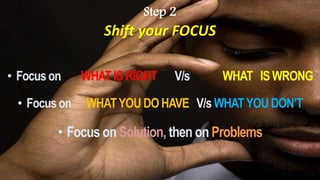 Step 2
Shift your FOCUS
• Focuson WHATIS RIGHT V/s WHAT IS WRONG
• Focuson WHATYOU DO HAVE V/s WHATYOUDON’T
• Focus on Solution, then on Problems
 