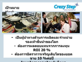 -  เป็นผู้นำทางด้านการผลิตและจำหน่ายรองเท้าชั้นนำของโลก -  ต้องการผลตอบแทนจากการลงทุน  ROI 20 % -  ต้องการอัตราการเจริญเติบโดของยอดขาย  10   % ต่อปี -  รักษาอัตราการเจริญเติบโตผลตอบแทนต่อหุ้นโดยเฉลี่ย  15%  ต่อปี -  เพื่อให้ลูกค้าเกิดความพึงพอใจในสินค้าโดยรวม เป้าหมาย   ( Goal ) 