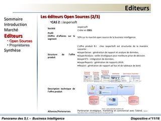 EditeursEditeurs
Diapositive n°Diapositive n°1111/18/18
SommaireSommaire
IntroductionIntroduction
MarchéMarché
EditeursEditeurs
• Open SourcesOpen Sources
• Propriétaires
SynthèseSynthèse
Panorama des S.I. - Business IntelligencePanorama des S.I. - Business Intelligence
Les éditeurs Open Sources (2/3)Les éditeurs Open Sources (2/3)
•CAS 2 : Jaspersoft
Société
Jaspersoft
Créée en 2001
Profil
Chiffre d’affaires sur le
segment
50% sur le marché open source de la business intelligence.
Structure de l’offre
produit
L’offre produit B.I. chez JasperSoft est structurée de la manière
suivante :
•JasperServer : génération de rapport et analyse de données.
•JasperAnalysis : veille stratégique pour meilleure prise de décision.
•JasperETL : intégration de données.
•JasperReports : génération de rapports JAVA.
•iReport : génération de rapport ad hoc et de tableaux de bord.
Description technique de
l’offre produit
Source : www.jaspersoft.com/fr/bi-suite
Alliances/Partenariats Partenariat stratégique, marketing et commercial avec Talend. Source : 
http://www.neteco.com/69202-paul-doscher-ceo-jaspersoft.html
 