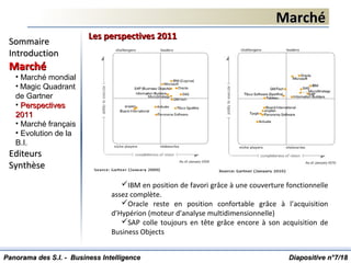 MarchéMarché
Diapositive n°Diapositive n°77/18/18
SommaireSommaire
IntroductionIntroduction
MarchéMarché
• Marché mondial
• Magic Quadrant
de Gartner
• PerspectivesPerspectives
20112011
• Marché français
• Evolution de la
B.I.
EditeursEditeurs
SynthèseSynthèse
Panorama des S.I. - Business IntelligencePanorama des S.I. - Business Intelligence
Les perspectives 2011Les perspectives 2011
IBM en position de favori grâce à une couverture fonctionnelle
assez complète.
Oracle reste en position confortable grâce à l’acquisition
d’Hypérion (moteur d’analyse multidimensionnelle)
SAP colle toujours en tête grâce encore à son acquisition de
Business Objects
 