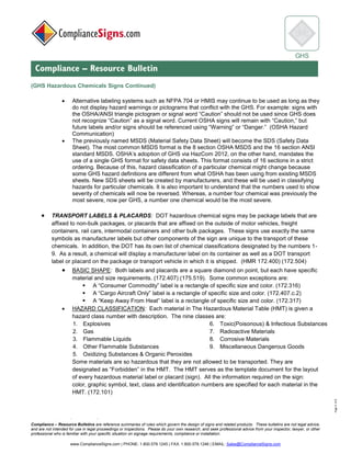 © 2017 ComplianceSigns, Inc. All Rights Reserved
Compliance – Resource Bulletins are reference summaries of rules which govern the design of signs and related products. These bulletins are not legal advice,
and are not intended for use in legal proceedings or inspections. Please do your own research, and seek professional advice from your inspector, lawyer, or other
professional who is familiar with your specific situation on signage requirements, compliance or installation.
www.ComplianceSigns.com | PHONE: 1.800.578.1245 | FAX: 1.800.578.1246 | EMAIL: Sales@ComplianceSigns.com
GHS
Compliance – Resource Bulletin
Page4of6
(GHS Hazardous Chemicals Signs Continued)
• Alternative labeling systems such as NFPA 704 or HMIS may continue to be used as long as they
do not display hazard warnings or pictograms that conflict with the GHS. For example: signs with
the OSHA/ANSI triangle pictogram or signal word “Caution” should not be used since GHS does
not recognize “Caution” as a signal word. Current OSHA signs will remain with “Caution,” but
future labels and/or signs should be referenced using “Warning” or “Danger.” (OSHA Hazard
Communication)
• The previously named MSDS (Material Safety Data Sheet) has become the SDS (Safety Data
Sheet). OSHA’s adoption of GHS via HazCom 2012, mandates the use of a single GHS format
for safety data sheets. This format consists of 16 sections in a strict ordering. Because of this,
hazard classification of a particular chemical might change because some GHS hazard definitions
are different from what OSHA has been using from prior MSDS sheets. New SDS sheets will be
created by manufacturers, and these will be used in classifying hazards for particular chemicals.
It is also important to understand that the numbers used to show severity of chemicals will now be
reversed. Whereas, a number four chemical was previously the most severe, now per GHS, a
number one chemical would be the most severe.
• TRANSPORT LABELS & PLACARDS: DOT hazardous chemical signs may be package labels that are
affixed to non-bulk packages, or placards that are affixed on the outside of motor vehicles, freight
containers, rail cars, intermodal containers and other bulk packages. These signs use exactly the same
symbols as manufacturer labels but other components of the sign are unique to the transport of these
chemicals. In addition, the DOT has its own list of chemical classifications designated by the numbers 1-
9. As a result, a chemical will display a manufacturer label on its container as well as a DOT transport
label or placard on the package or transport vehicle in which it is shipped. (HMR 172.400) (172.504)
• BASIC SHAPE: Both labels and placards are a square diamond on point, but each have specific
material and size requirements. (172.407) (175.519). Some common exceptions are:
▪ A “Consumer Commodity” label is a rectangle of specific size and color. (172.316)
▪ A “Cargo Aircraft Only” label is a rectangle of specific size and color. (172.407.c.2)
▪ A “Keep Away From Heat” label is a rectangle of specific size and color. (172.317)
• HAZARD CLASSIFICATION: Each material in The Hazardous Material Table (HMT) is given a
hazard class number with description. The nine classes are:
1. Explosives
2. Gas
3. Flammable Liquids
4. Other Flammable Substances
5. Oxidizing Substances & Organic Peroxides
6. Toxic(Poisonous) & Infectious Substances
7. Radioactive Materials
8. Corrosive Materials
9. Miscellaneous Dangerous Goods
Some materials are so hazardous that they are not allowed to be transported. They are
designated as “Forbidden” in the HMT. The HMT serves as the template document for the layout
of every hazardous material label or placard (sign). All the information required on the sign:
color, graphic symbol, text, class and identification numbers are specified for each material in the
HMT. (172.101)
 