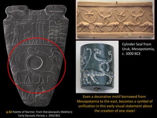 Even a decorative motif borrowed from
Mesopotamia to the east, becomes a symbol of
unification in this early visual statement about
the creation of one state!p.52 Palette of Narmer, from Hierakonpolis (Nekhen)
Early Dynastic Period, c. 2950 BCE
Cylinder Seal from
Uruk, Mesopotamia,
c. 3000 BCE
 