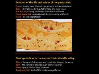 Symbols of the life and values of the pastoralist:
Cows – fertility, nourishment, motherhood and female values
Bulls – strength, leadership, fatherhood and male values
Sun and Sky – ruling symbols of the cosmos and order
Hunting/warfare – protection of the community and herds
Hawk – all-seeing protector
New symbols with the entrance into the Nile valley:
River – the symbol of passage and travel; the shape of the world
Boat – the vehicle of passage, even between worlds
Flood – gift of fertility from the River
Crook and Flail - tools of the herdsman and farmer
Wall painting from Tomb 100, Hierakonpolis (Nekhen), Upper Egypt, c. 3500-3200 BCE
 