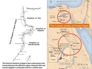 The historical dynamic of Egypt is best understood as the
tension between the different regions along the Nile river
and the Egyptian’s existential need for a unified state.
The 2 power centers of Ancient Egypt
 