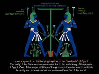 Hapy(i) God of the Nile
(not the river, but the flood) and Fertility
Union is symbolized by the tying together of the “two lands” of Egypt.
The unity of the State was seen as essential to the well-being of the people
of Egypt. One of the responsibilities of the gods and the ruler was to maintain
this unity and as a consequence, maintain the order of the world.
Papyrus,
symbol of
Lower Egypt (delta)
Lily,
symbol of
Upper Egypt (Nile valley)
 