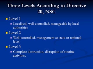 Three Levels According to Directive
             20, NSC
   Level 1
       Localized, well-controlled, manageable by local
        authorities
   Level 2
       Well-controlled, management at state or national
        level
   Level 3
       Complete destruction, disruption of routine
        activities,
 