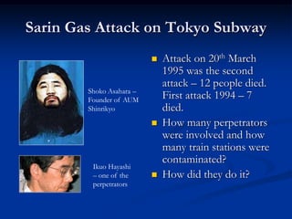 Sarin Gas Attack on Tokyo Subway
                             Attack on 20th March
                              1995 was the second
                              attack – 12 people died.
        Shoko Asahara –
        Founder of AUM        First attack 1994 – 7
        Shinrikyo             died.
                             How many perpetrators
                              were involved and how
                              many train stations were
                              contaminated?
         Ikuo Hayashi
         – one of the        How did they do it?
         perpetrators
 