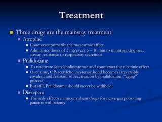 Treatment
   Three drugs are the mainstay treatment
       Atropine
            Counteract primarily the muscarinic effect
            Administer doses of 2 mg every 5 – 10 min to minimize dyspnea,
             airway resistance or respiratory secretions
       Pralidoxime
            To reactivate acetylcholinesterase and counteract the nicotinic effect
            Over time, OP-acetylcholinesterase bond becomes irreversibly
             covalent and resistant to reactivation by pralidoxime (―aging‖
             process)
            But still, Pralidoxime should never be withheld.
       Diazepam
            The only effective anticonvulsant drugs for nerve gas poisoning
             patients with seizure
 