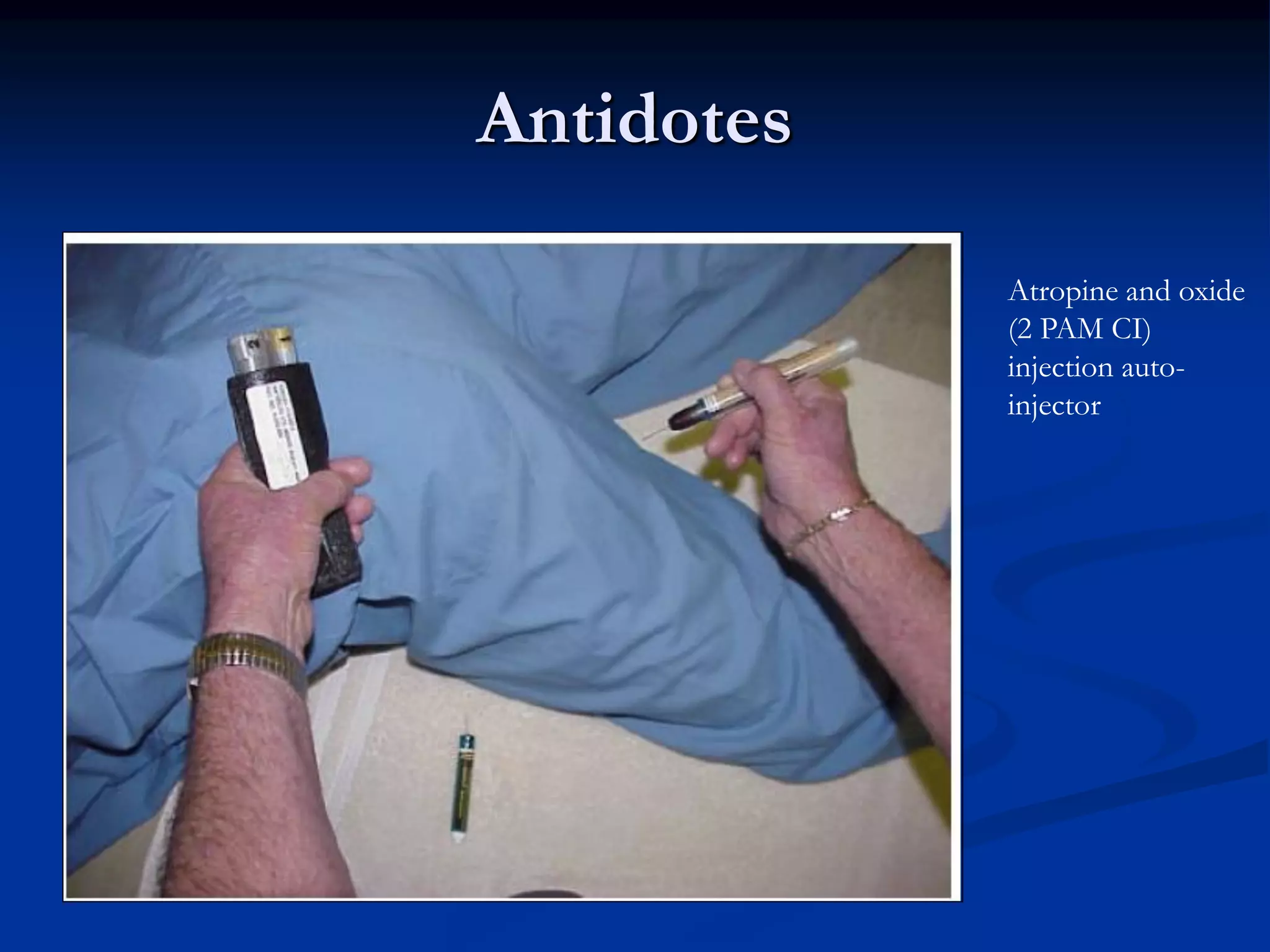 Antidotes
Atropine and oxide
(2 PAM CI)
injection auto-
injector
 