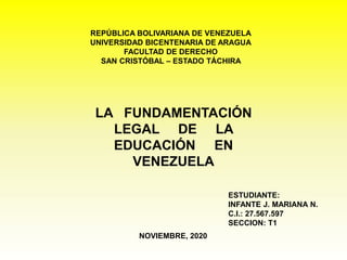 REPÚBLICA BOLIVARIANA DE VENEZUELA
UNIVERSIDAD BICENTENARIA DE ARAGUA
FACULTAD DE DERECHO
SAN CRISTÓBAL – ESTADO TÁCHIRA
LA FUNDAMENTACIÓN
LEGAL DE LA
EDUCACIÓN EN
VENEZUELA
ESTUDIANTE:
INFANTE J. MARIANA N.
C.I.: 27.567.597
SECCION: T1
NOVIEMBRE, 2020
 