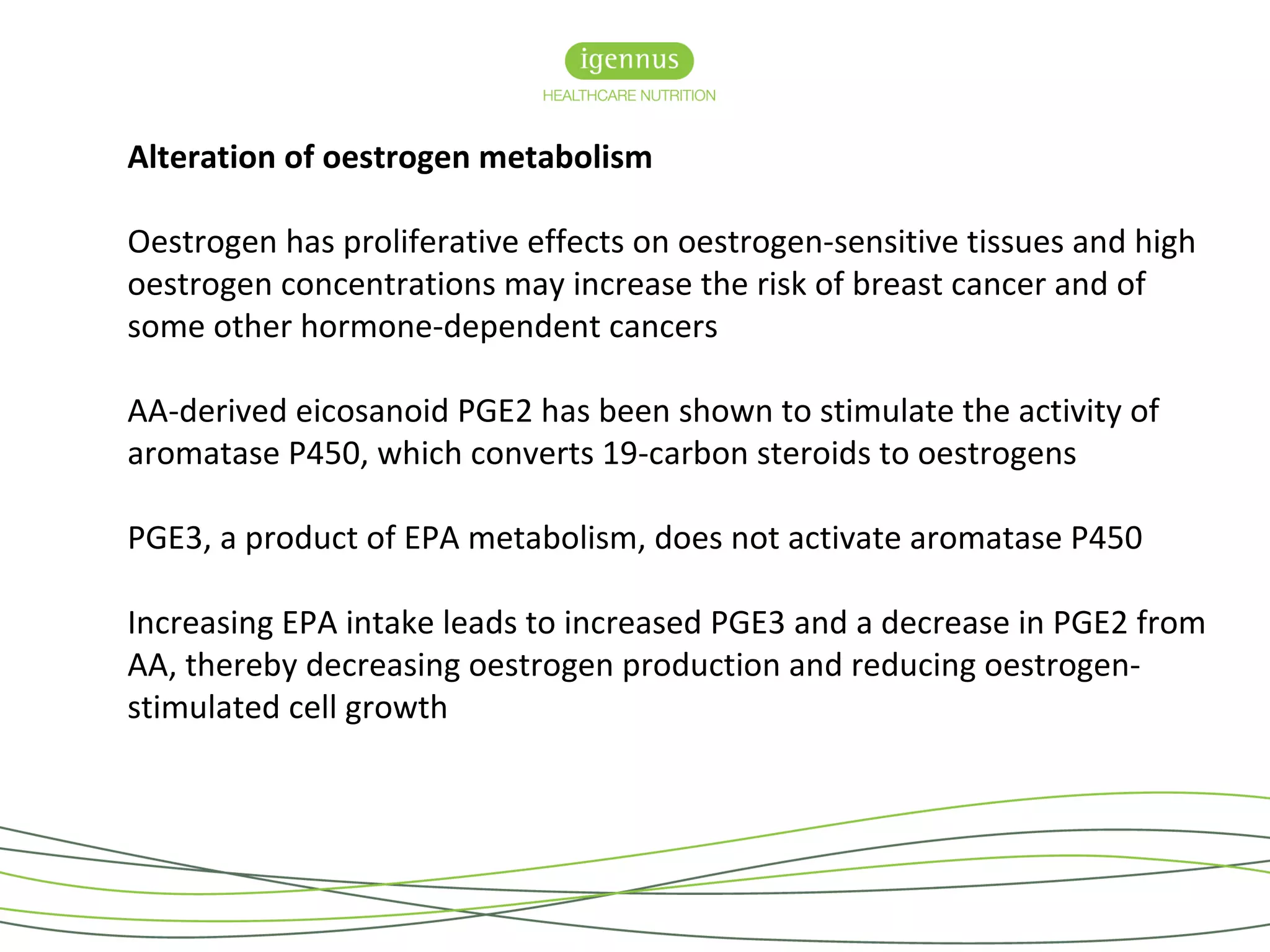 Alteration of oestrogen metabolism
Oestrogen has proliferative effects on oestrogen-sensitive tissues and high
oestrogen concentrations may increase the risk of breast cancer and of
some other hormone-dependent cancers
AA-derived eicosanoid PGE2 has been shown to stimulate the activity of
aromatase P450, which converts 19-carbon steroids to oestrogens
PGE3, a product of EPA metabolism, does not activate aromatase P450
Increasing EPA intake leads to increased PGE3 and a decrease in PGE2 from
AA, thereby decreasing oestrogen production and reducing oestrogen-
stimulated cell growth
 