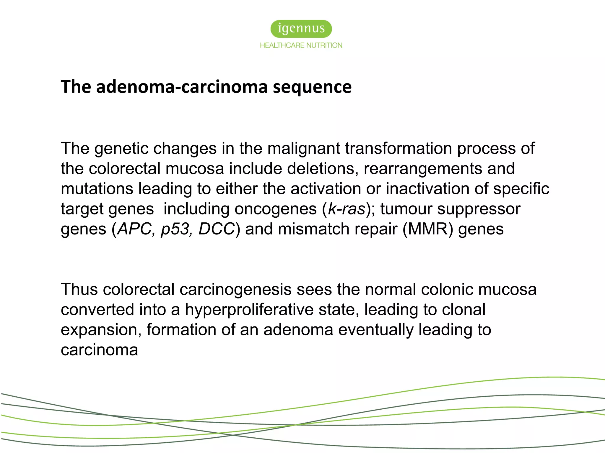 The adenoma-carcinoma sequence
The genetic changes in the malignant transformation process of
the colorectal mucosa include deletions, rearrangements and
mutations leading to either the activation or inactivation of specific
target genes including oncogenes (k-ras); tumour suppressor
genes (APC, p53, DCC) and mismatch repair (MMR) genes
Thus colorectal carcinogenesis sees the normal colonic mucosa
converted into a hyperproliferative state, leading to clonal
expansion, formation of an adenoma eventually leading to
carcinoma
 