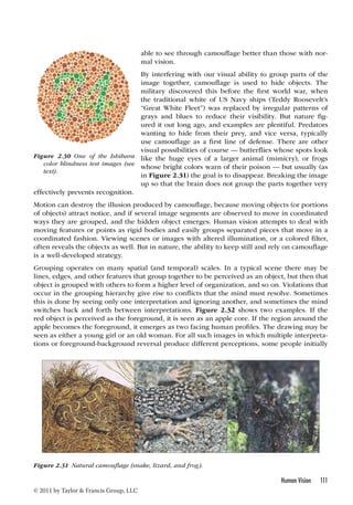 Human Vision 111 
Figure 2.30 One of the Ishihara 
color blindness test images (see 
text). 
© 2011 by Taylor  Francis Group, LLC 
able to see through camouflage better than those with nor-mal 
vision. 
By interfering with our visual ability to group parts of the 
image together, camouflage is used to hide objects. The 
military discovered this before the first world war, when 
the traditional white of US Navy ships (Teddy Roosevelt’s 
“Great White Fleet”) was replaced by irregular patterns of 
grays and blues to reduce their visibility. But nature fig-ured 
it out long ago, and examples are plentiful. Predators 
wanting to hide from their prey, and vice versa, typically 
use camouflage as a first line of defense. There are other 
visual possibilities of course — butterflies whose spots look 
like the huge eyes of a larger animal (mimicry), or frogs 
whose bright colors warn of their poison — but usually (as 
in Figure 2.31) the goal is to disappear. Breaking the image 
up so that the brain does not group the parts together very 
effectively prevents recognition. 
Motion can destroy the illusion produced by camouflage, because moving objects (or portions 
of objects) attract notice, and if several image segments are observed to move in coordinated 
ways they are grouped, and the hidden object emerges. Human vision attempts to deal with 
moving features or points as rigid bodies and easily groups separated pieces that move in a 
coordinated fashion. Viewing scenes or images with altered illumination, or a colored filter, 
often reveals the objects as well. But in nature, the ability to keep still and rely on camouflage 
is a well-developed strategy. 
Grouping operates on many spatial (and temporal) scales. In a typical scene there may be 
lines, edges, and other features that group together to be perceived as an object, but then that 
object is grouped with others to form a higher level of organization, and so on. Violations that 
occur in the grouping hierarchy give rise to conflicts that the mind must resolve. Sometimes 
this is done by seeing only one interpretation and ignoring another, and sometimes the mind 
switches back and forth between interpretations. Figure 2.32 shows two examples. If the 
red object is perceived as the foreground, it is seen as an apple core. If the region around the 
apple becomes the foreground, it emerges as two facing human profiles. The drawing may be 
seen as either a young girl or an old woman. For all such images in which multiple interpreta-tions 
or foreground-background reversal produce different perceptions, some people initially 
Figure 2.31 Natural camouflage (snake, lizard, and frog). 
 