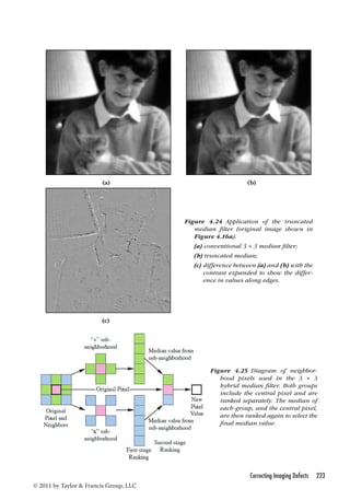 (a) (b) 
Correcting Imaging Defects 223 
© 2011 by Taylor  Francis Group, LLC 
Figure 4.24 Application of the truncated 
median filter (original image shown in 
Figure 4.16a): 
(a) conventional 3 × 3 median filter; 
(b) truncated median; 
(c) difference between (a) and (b) with the 
contrast expanded to show the differ-ence 
in values along edges. 
(c) 
Figure 4.25 Diagram of neighbor-hood 
pixels used in the 3 × 3 
hybrid median filter. Both groups 
include the central pixel and are 
ranked separately. The median of 
each group, and the central pixel, 
are then ranked again to select the 
final median value. 
 