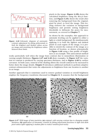 Correcting Imaging Defects 243 
Figure 4.46 Schematic diagram of automatic 
contrast adjustment by fitting polynomials to 
both the brightest and darkest values across 
an image and stretching the brightness values 
between those limits. 
© 2011 by Taylor  Francis Group, LLC 
pixels in the image. Figure 4.45b shows the 
calculated brightness using the B(x,y) func-tion, 
and Figure 4.45c shows the result after 
removing the background from the original, 
pixel by pixel, to level the image. This lev-eling 
removes the variation in background 
brightness and permits setting brightness 
thresholds to delineate the pores for mea-surement, 
as covered in Chapter 7. 
As shown by the examples, this approach to 
automatic leveling can be applied to either a 
light or a dark background. By simultaneously 
applying it to both the lightest and darkest 
pixels in each region of the image, it is pos-sible 
to stretch the contrast of the image as a 
function of location, as shown schematically 
in Figure 4.46 using a line profile of bright-ness 
as an example. This autocontrast method 
works particularly well when the image loses contrast due to nonuniform illumination or 
varying sample thickness. Figures 4.47 and 4.48 show examples. In Figure 4.47 the varia-tion 
in contrast is produced by varying specimen thickness, and in Figure 4.48 by surface 
curvature. In both cases, removal of the shading allows the overall contrast to be increased to 
better show the image details. Chapter 5 introduces additional methods to perform adaptive 
contrast enhancement that varies the adjustments to brightness from one location to another 
in an image. 
Another approach that is sometimes used to remove gradual variation in overall brightness 
employs the frequency transforms discussed in Chapter 6. It assumes that the background 
(a) (b) 
Figure 4.47 TEM image of latex particles: (a) original, with varying contrast due to changing sample 
thickness; (b) application of automatic contrast by fitting polynomial functions to light and dark 
pixel values (after applying a median filter to reduce random pixel noise). 
 