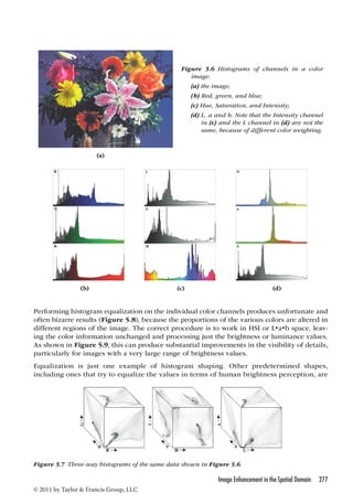 Performing histogram equalization on the individual color channels produces unfortunate and 
often bizarre results (Figure 5.8), because the proportions of the various colors are altered in 
different regions of the image. The correct procedure is to work in HSI or L•a•b space, leav-ing 
the color information unchanged and processing just the brightness or luminance values. 
As shown in Figure 5.9, this can produce substantial improvements in the visibility of details, 
particularly for images with a very large range of brightness values. 
Equalization is just one example of histogram shaping. Other predetermined shapes, 
including ones that try to equalize the values in terms of human brightness perception, are 
Image Enhancement in the Spatial Domain 277 
© 2011 by Taylor  Francis Group, LLC 
Figure 5.6 Histograms of channels in a color 
image: 
(a) the image; 
(b) Red, green, and blue; 
(c) Hue, Saturation, and Intensity; 
(d) L, a and b. Note that the Intensity channel 
in (c) and the L channel in (d) are not the 
same, because of different color weighting. 
(a) 
(b) (c) (d) 
Figure 5.7 Three-way histograms of the same data shown in Figure 5.6. 
 