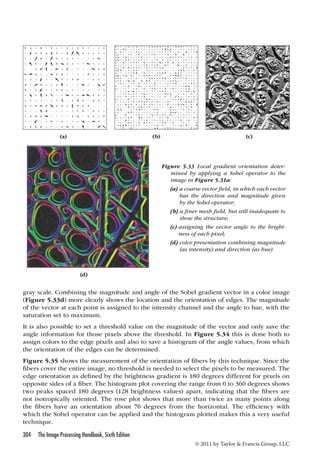 (a) (b) (c) 
Figure 5.33 Local gradient orientation deter-mined 
by applying a Sobel operator to the 
image in Figure 5.31a: 
(a) a coarse vector field, in which each vector 
has the direction and magnitude given 
by the Sobel operator; 
(b) a finer mesh field, but still inadequate to 
show the structure; 
(c) assigning the vector angle to the bright-ness 
of each pixel; 
(d) color presentation combining magnitude 
(as intensity) and direction (as hue). 
gray scale. Combining the magnitude and angle of the Sobel gradient vector in a color image 
(Figure 5.33d) more clearly shows the location and the orientation of edges. The magnitude 
of the vector at each point is assigned to the intensity channel and the angle to hue, with the 
saturation set to maximum. 
It is also possible to set a threshold value on the magnitude of the vector and only save the 
angle information for those pixels above the threshold. In Figure 5.34 this is done both to 
assign colors to the edge pixels and also to save a histogram of the angle values, from which 
the orientation of the edges can be determined. 
Figure 5.35 shows the measurement of the orientation of fibers by this technique. Since the 
fibers cover the entire image, no threshold is needed to select the pixels to be measured. The 
edge orientation as defined by the brightness gradient is 180 degrees different for pixels on 
opposite sides of a fiber. The histogram plot covering the range from 0 to 360 degrees shows 
two peaks spaced 180 degrees (128 brightness values) apart, indicating that the fibers are 
not isotropically oriented. The rose plot shows that more than twice as many points along 
the fibers have an orientation about 70 degrees from the horizontal. The efficiency with 
which the Sobel operator can be applied and the histogram plotted makes this a very useful 
technique. 
304 The Image Processing Handbook, Sixth Edition 
© 2011 by Taylor  Francis Group, LLC 
(d) 
 