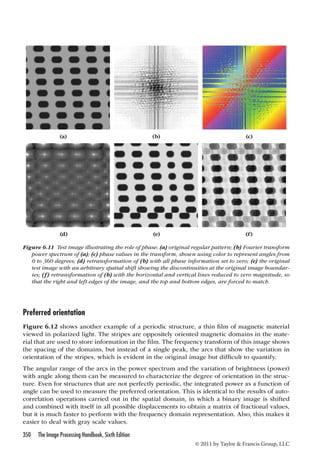 (a) (b) (c) 
(d) (e) (f) 
Figure 6.11 Test image illustrating the role of phase: (a) original regular pattern; (b) Fourier transform 
power spectrum of (a); (c) phase values in the transform, shown using color to represent angles from 
0 to 360 degrees; (d) retransformation of (b) with all phase information set to zero; (e) the original 
test image with an arbitrary spatial shift showing the discontinuities at the original image boundar-ies; 
(f) retransformation of (b) with the horizontal and vertical lines reduced to zero magnitude, so 
that the right and left edges of the image, and the top and bottom edges, are forced to match. 
Preferred orientation 
Figure 6.12 shows another example of a periodic structure, a thin film of magnetic material 
viewed in polarized light. The stripes are oppositely oriented magnetic domains in the mate-rial 
that are used to store information in the film. The frequency transform of this image shows 
the spacing of the domains, but instead of a single peak, the arcs that show the variation in 
orientation of the stripes, which is evident in the original image but difficult to quantify. 
The angular range of the arcs in the power spectrum and the variation of brightness (power) 
with angle along them can be measured to characterize the degree of orientation in the struc-ture. 
Even for structures that are not perfectly periodic, the integrated power as a function of 
angle can be used to measure the preferred orientation. This is identical to the results of auto-correlation 
operations carried out in the spatial domain, in which a binary image is shifted 
and combined with itself in all possible displacements to obtain a matrix of fractional values, 
but it is much faster to perform with the frequency domain representation. Also, this makes it 
easier to deal with gray scale values. 
350 The Image Processing Handbook, Sixth Edition 
© 2011 by Taylor  Francis Group, LLC 
 