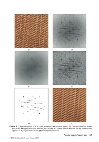 (a) (b) 
(c) (d) 
(e) (f) 
Figure 6.31 Reconstruction of a periodic structure: (a) original image; (b) Fourier transform power 
spectrum; (c) application of a median filter to (b); (d) subtraction of (c) from (b); (e) thresholding 
applied to (d) to produce a mask; (f) retransformed result. 
Processing Images in Frequency Space 369 
© 2011 by Taylor  Francis Group, LLC 
 