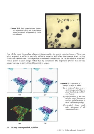 Figure 6.50 Two superimposed images 
of sequential slices of swiss cheese 
after automatic alignment by cross-correlation. 
One of the most demanding alignment tasks applies to remote sensing images. These are 
often acquired at different times by different cameras and other instruments, with varying 
scales and orientations. The alignment is normally done based on the location of a few ref-erence 
points in each image, rather than by correlation. The alignment process may involve 
390 The Image Processing Handbook, Sixth Edition 
© 2011 by Taylor  Francis Group, LLC 
image warping to correct for different view angles. 
(a) (b) 
(c) (d) 
Figure 6.51 Alignment of 
images in a focus series: 
(a, b) original light micro-scope 
images at different 
focal depths (top and bot-tom 
focus); 
(c) superposition of the two 
images (edge filtered) in 
red and green channels to 
show lateral image shift; 
(d) extended focus result 
after alignment of all 
images in the set. 
 