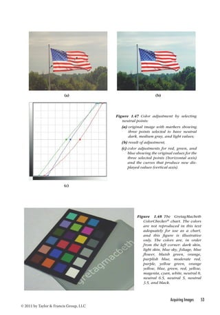 Acquiring Images 53 
(a) (b) 
© 2011 by Taylor  Francis Group, LLC 
Figure 1.47 Color adjustment by selecting 
neutral points: 
(a) original image with markers showing 
three points selected to have neutral 
dark, medium gray, and light values; 
(b) result of adjustment; 
(c) color adjustments for red, green, and 
blue showing the original values for the 
three selected points (horizontal axis) 
and the curves that produce new dis-played 
values (vertical axis). 
(c) 
Figure 1.48 The GretagMacbeth 
ColorChecker® chart. The colors 
are not reproduced in this text 
adequately for use as a chart, 
and this figure is illustrative 
only. The colors are, in order 
from the left corner: dark skin, 
light skin, blue sky, foliage, blue 
flower, bluish green, orange, 
purplish blue, moderate red, 
purple, yellow green, orange 
yellow, blue, green, red, yellow, 
magenta, cyan, white, neutral 8, 
neutral 6.5, neutral 5, neutral 
3.5, and black. 
 
