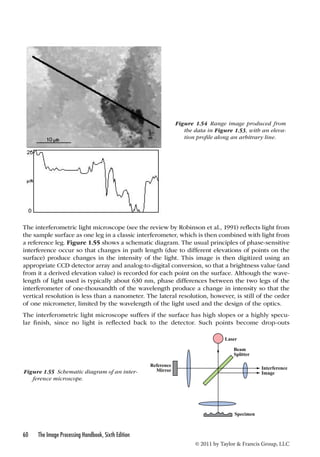 Figure 1.54 Range image produced from 
the data in Figure 1.53, with an eleva-tion 
profile along an arbitrary line. 
The interferometric light microscope (see the review by Robinson et al., 1991) reflects light from 
the sample surface as one leg in a classic interferometer, which is then combined with light from 
a reference leg. Figure 1.55 shows a schematic diagram. The usual principles of phase-sensitive 
interference occur so that changes in path length (due to different elevations of points on the 
surface) produce changes in the intensity of the light. This image is then digitized using an 
appropriate CCD detector array and analog-to-digital conversion, so that a brightness value (and 
from it a derived elevation value) is recorded for each point on the surface. Although the wave-length 
of light used is typically about 630 nm, phase differences between the two legs of the 
interferometer of one-thousandth of the wavelength produce a change in intensity so that the 
vertical resolution is less than a nanometer. The lateral resolution, however, is still of the order 
of one micrometer, limited by the wavelength of the light used and the design of the optics. 
The interferometric light microscope suffers if the surface has high slopes or a highly specu-lar 
finish, since no light is reflected back to the detector. Such points become drop-outs 
60 The Image Processing Handbook, Sixth Edition 
© 2011 by Taylor  Francis Group, LLC 
Figure 1.55 Schematic diagram of an inter-ference 
microscope. 
Laser 
Reference 
Mirror 
Beam 
Splitter 
Interference 
Image 
Specimen 
 