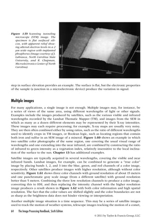 step in surface elevation provides an example. The surface is flat, but the electronic properties 
of the sample (a junction in a microelectronic device) produce the variation in signal. 
Multiple images 
For many applications, a single image is not enough. Multiple images may, for instance, be 
a series of views of the same area, using different wavelengths of light or other signals. 
Examples include the images produced by satellites, such as the various visible and infrared 
wavelengths recorded by the Landsat Thematic Mapper (TM), and images from the SEM in 
which as many as a dozen different elements may be represented by their X-ray intensities. 
These images may each require processing; for example, X-ray maps are usually very noisy. 
They are then often combined either by using ratios, such as the ratio of different wavelengths 
used to identify crops in TM images, or Boolean logic, such as locating regions that contain 
both iron and sulfur in an SEM image of a mineral. Figure 1.60 shows an example in which 
two satellite color photographs of the same region, one covering the usual visual range of 
wavelengths and one extending into the near infrared, are combined by constructing the ratio 
of infrared to green intensity as a vegetation index, relatively insensitive to the local inclina-tion 
of the surface to the sun. Chapter 13 has additional examples. 
Satellite images are typically acquired in several wavelengths, covering the visible and near 
infrared bands. Landsat images, for example, can be combined to generate a “true color” 
image by placing bands 1, 2, and 3 into the blue, green, and red channels of a color image, 
respectively. Other satellites produce images with higher resolution, although without color 
sensitivity. Figure 1.61 shows three color channels with ground resolution of about 15 meters 
and one panchromatic gray scale image (from a different satellite) with ground resolution 
better than 5 meters. Combining the three low resolution channels to produce a color image, 
converting this to HSI, and then replacing the intensity channel with the higher resolution 
image produces a result shown in Figure 1.62 with both color information and high spatial 
resolution. The fact that the color values are shifted slightly and the color boundaries are not 
as sharp as the brightness data does not hinder viewing or interpretation. 
Another multiple image situation is a time sequence. This may be a series of satellite images 
used to track the motion of weather systems, telescope images tracking the motion of a comet, 
64 The Image Processing Handbook, Sixth Edition 
© 2011 by Taylor  Francis Group, LLC 
Figure 1.59 Scanning tunneling 
microscope (STM) image. The 
specimen is flat surfaced sili-con, 
with apparent relief show-ing 
altered electron levels in a 2 
μm wide region with implanted 
phosphorus (image courtesy of J. 
Labrasca, North Carolina State 
University, and R. Chapman, 
Microelectronics Center of North 
Carolina). 
 