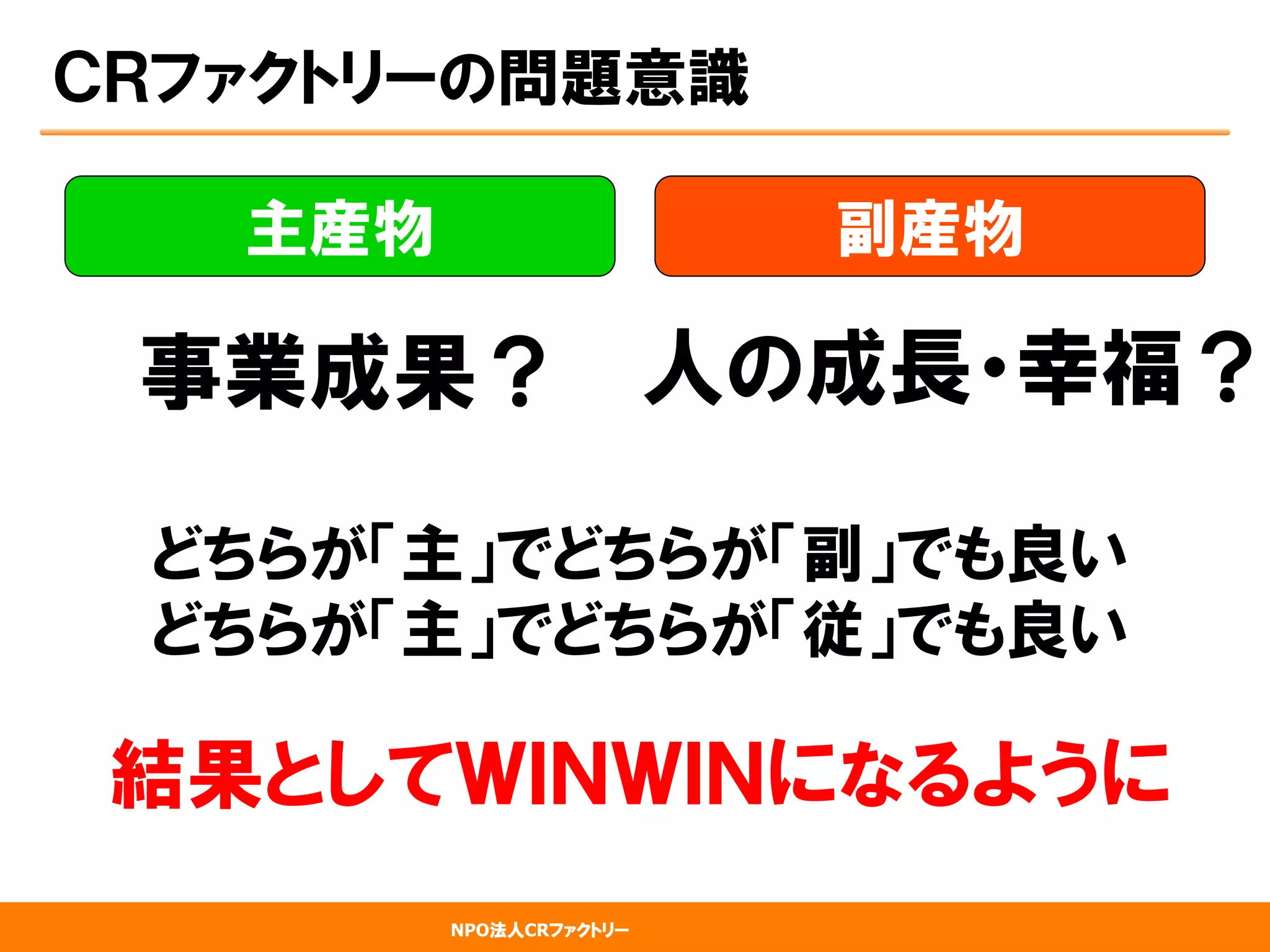NPO法人CRファクトリー
ＣＲファクトリーの問題意識
主産物 副産物
事業成果？ 人の成長・幸福？
どちらが「主」でどちらが「副」でも良い
どちらが「主」でどちらが「従」でも良い
結果としてＷＩＮＷＩＮになるように
 